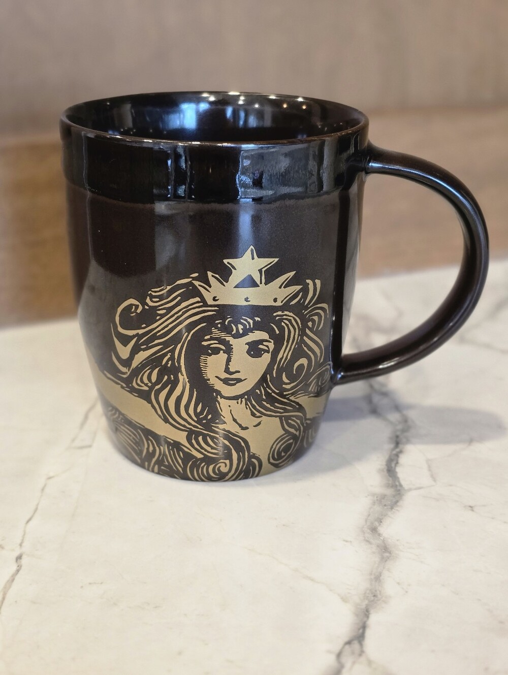 Starbucks Coffee Siren Mermaid 2012 Anniversary Mug 12oz Black Brown Gold Cup